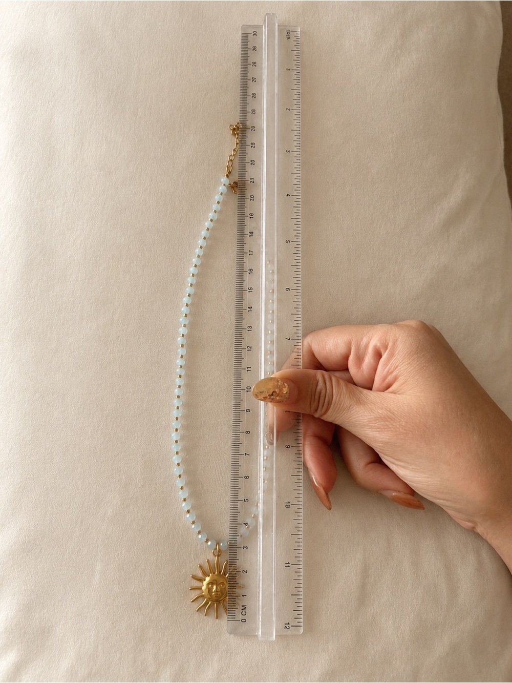 Golden Sun Pendant Necklace with Pale Aqua Beads - Picture 7 of 8